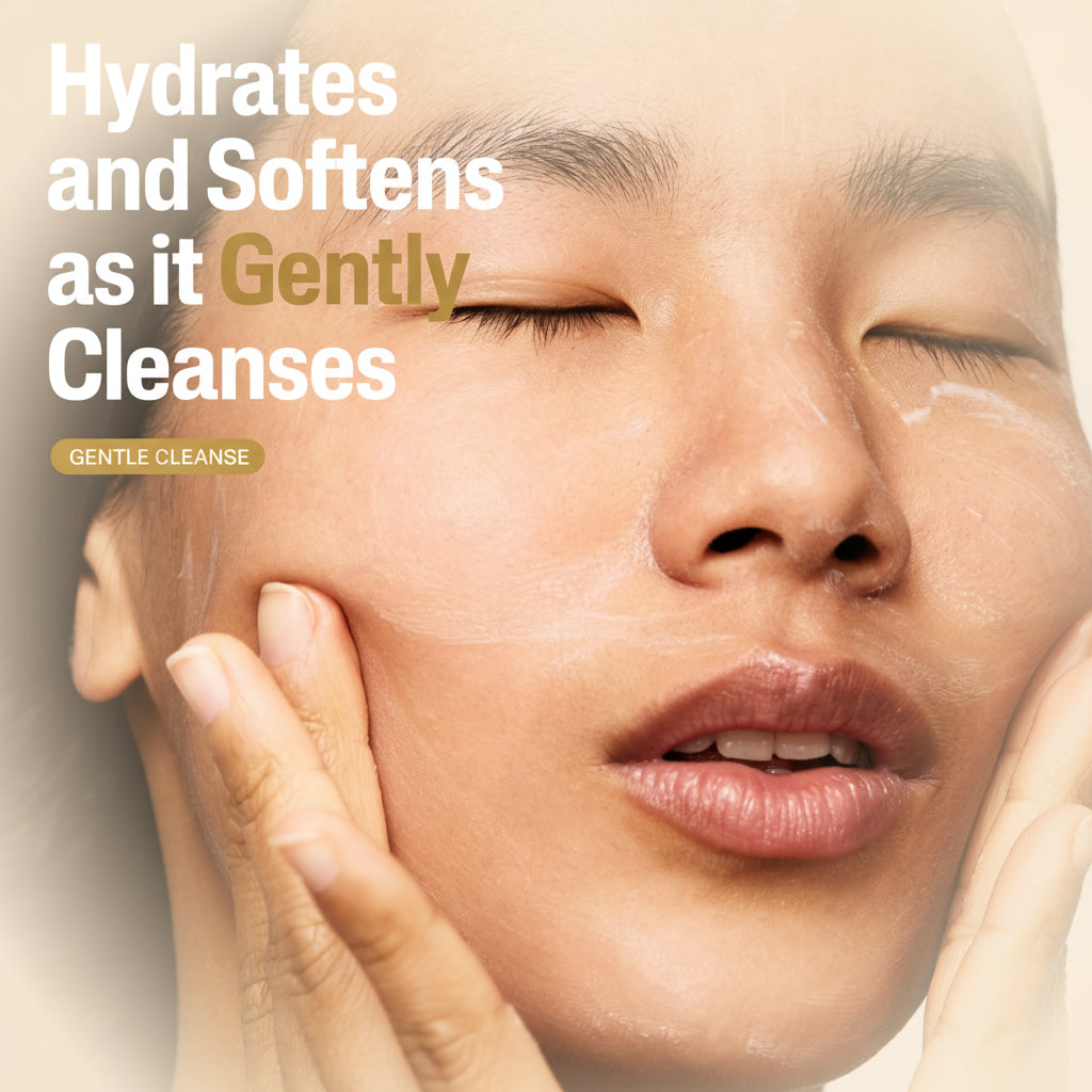 Close-up of a person's face with text about skincare product benefits