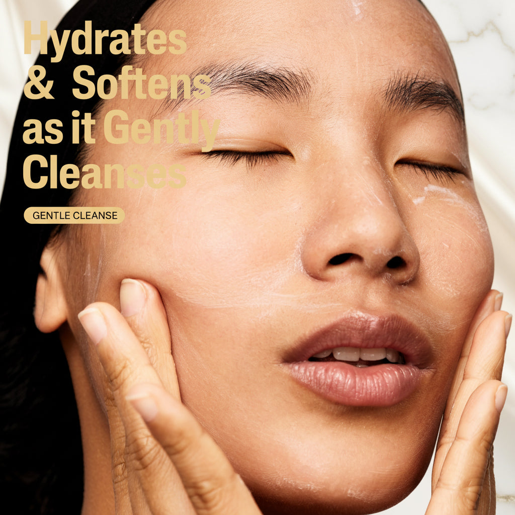 Close-up of a person's face with text about skincare product benefits