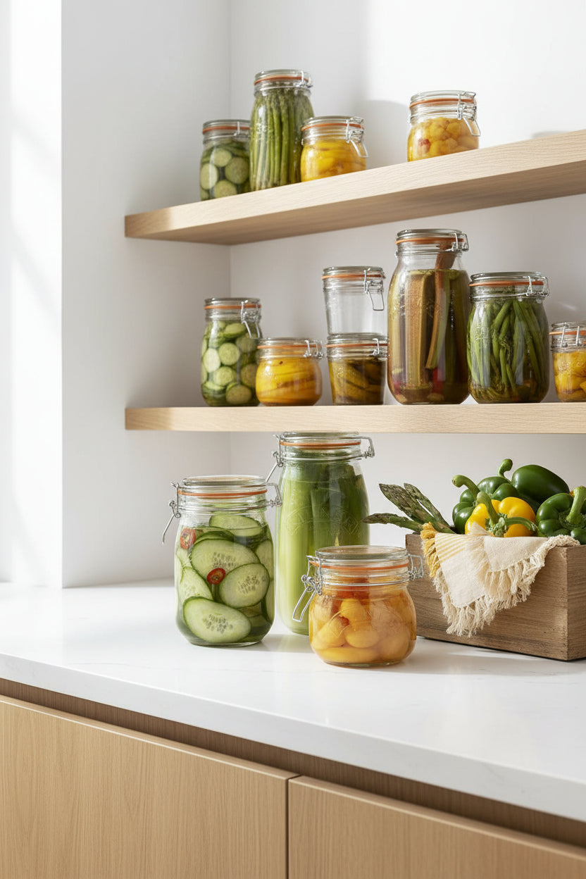 A set of glass clamp-lid jars filled with various pickled vegetables, including cucumbers, asparagus, and orange fruits, arranged on rustic wooden shelves with fresh produce props.