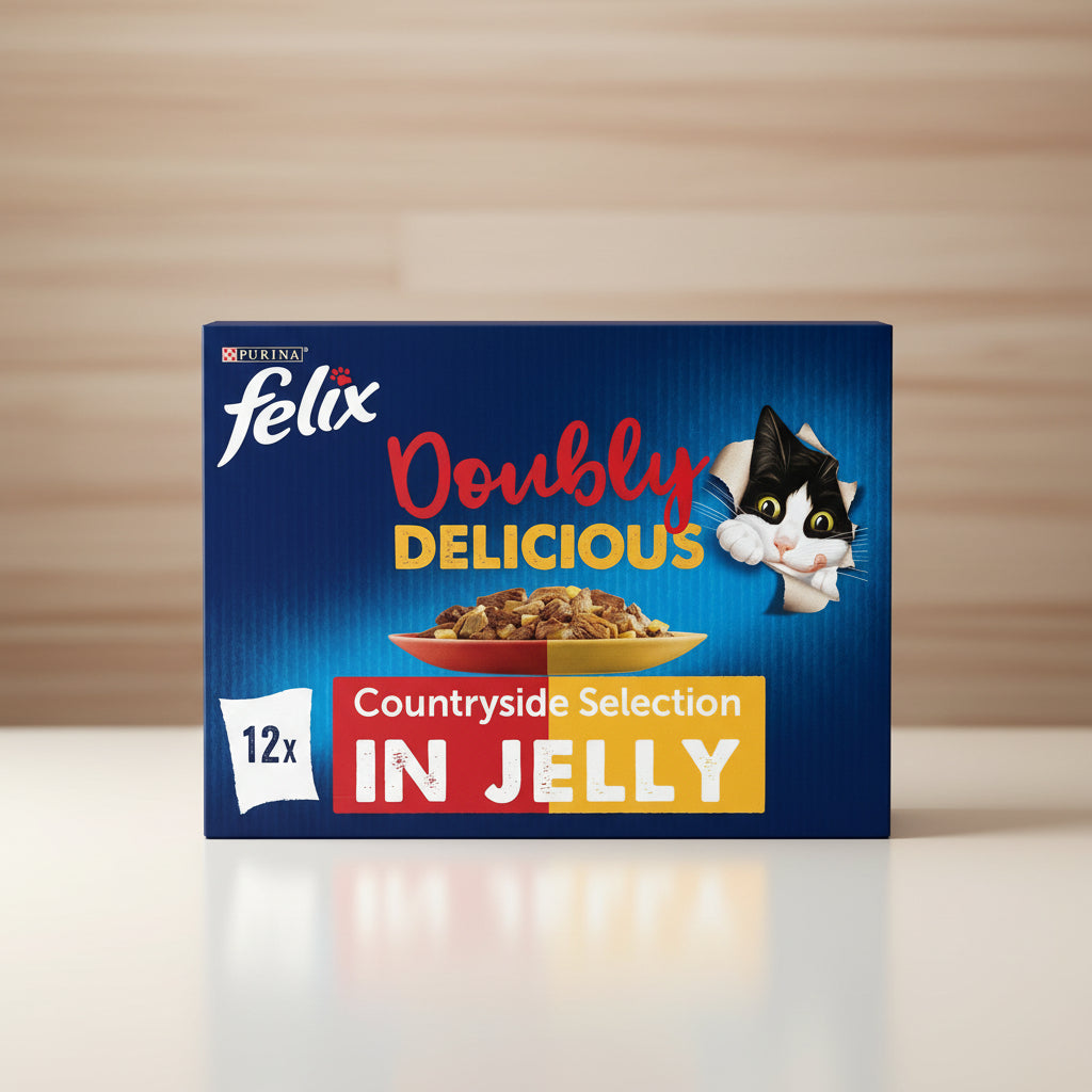 Box of Felix Doubly Delicious cat food in jelly with a cat illustration on a blue background