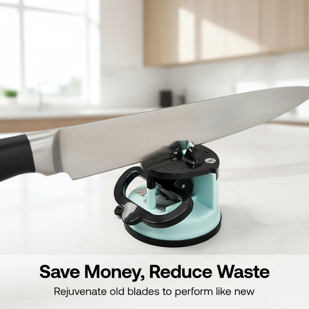 Knife sharpener on a kitchen counter with text 'Save Money, Reduce Waste' and 'Rejuvenate old blades to perform like new'.