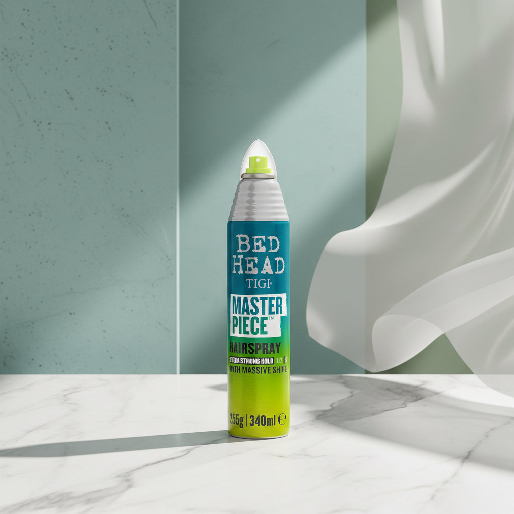 Tigi Bed Head Master Piece Hairspray can on a bright teal and lime green graphic background with bold white text reading 'A POWERFUL SHINY, STRONG HOLD FORMULATION'.