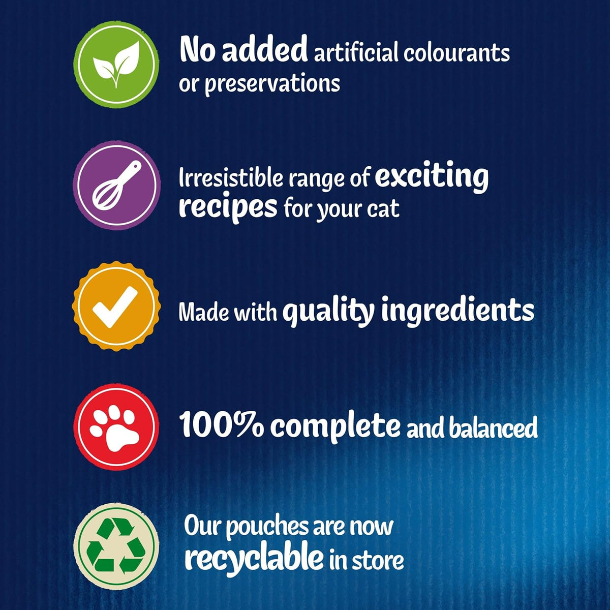 Product label with icons and text about cat food quality and features on a blue background