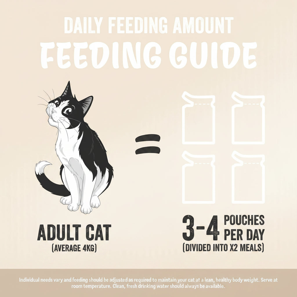 Feeding guide for adult cats with a cat illustration and text on a blue background