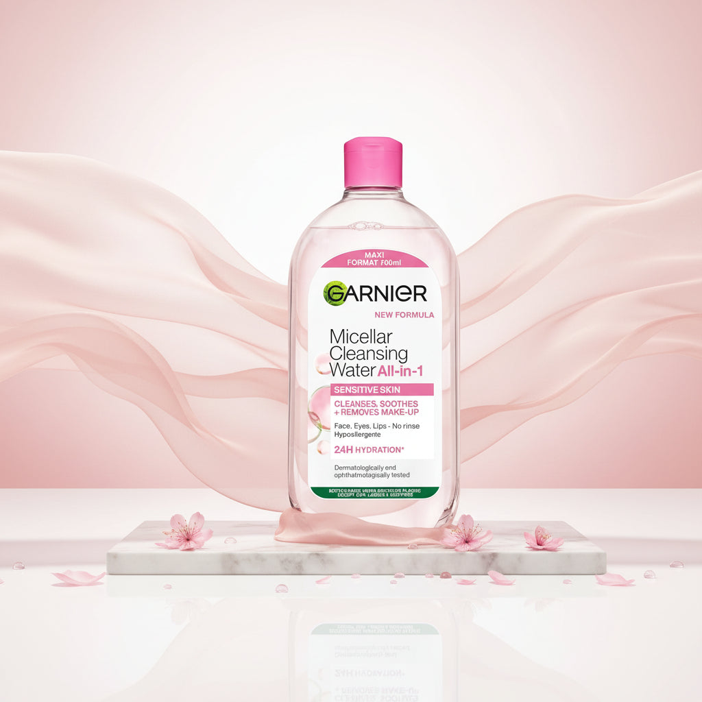 Garnier Micellar Cleansing Water All-in-1 bottle with a pink cap, shown in front of a large pink glass bubble. A text box on the left reads 'ENRICHED WITH MICELLAR TECHNOLOGY' and 'Captures makeup, dirt & pollution like a magnet'.
