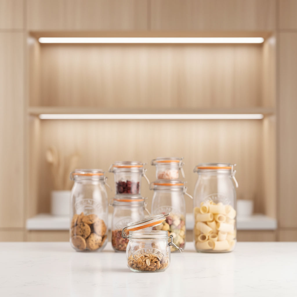 Set of glass jars with metal lids, each containing different food items on a wooden surface.