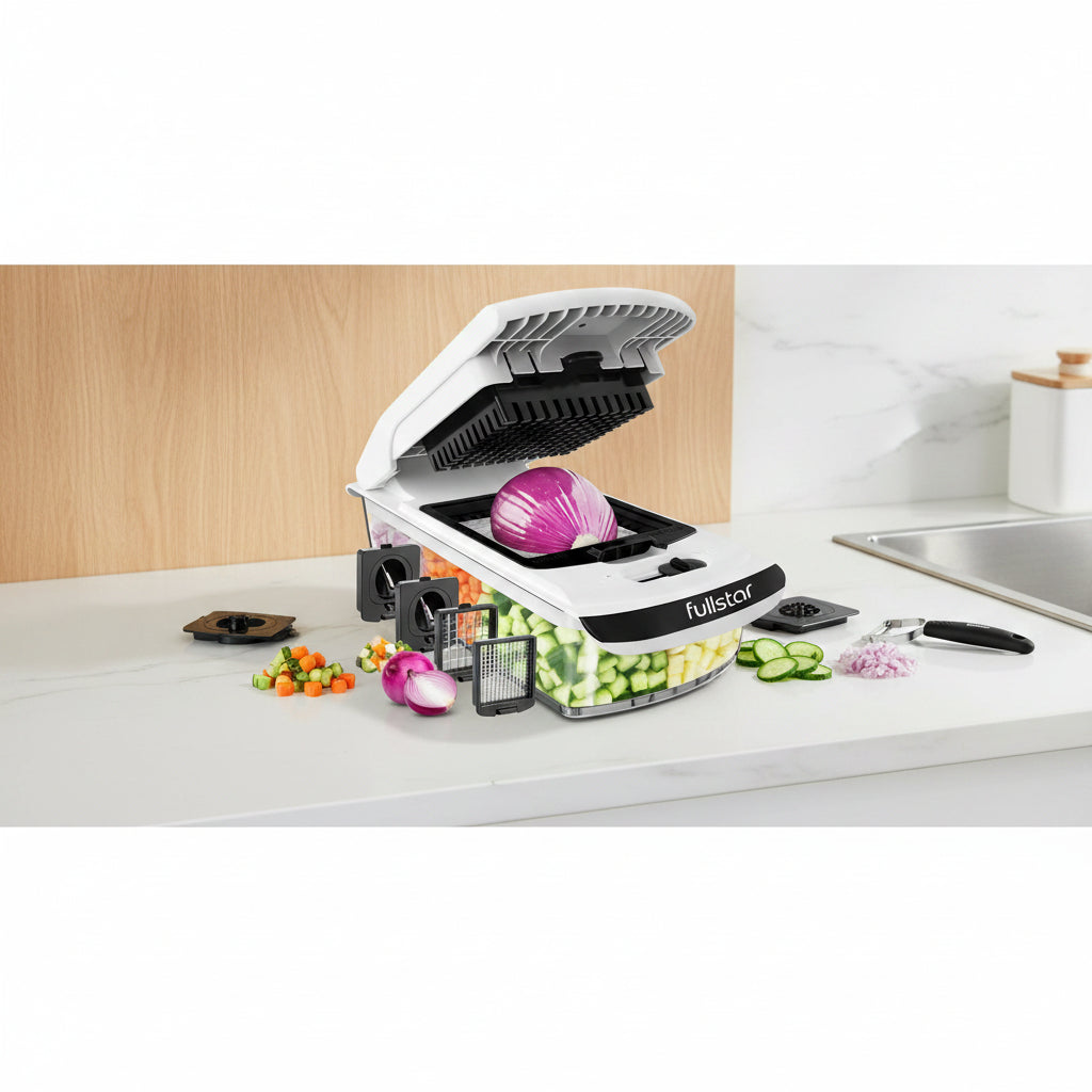 Multifunctional kitchen slicer with various attachments and sliced vegetables on a white background