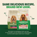 Two Harringtons dog food packages, one labeled 'old' and one labeled 'new', on a beige background.
