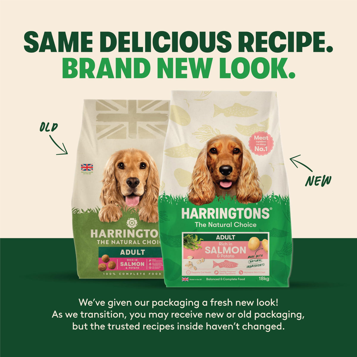 Two Harringtons dog food packages, one labeled 'old' and one labeled 'new', on a beige background.