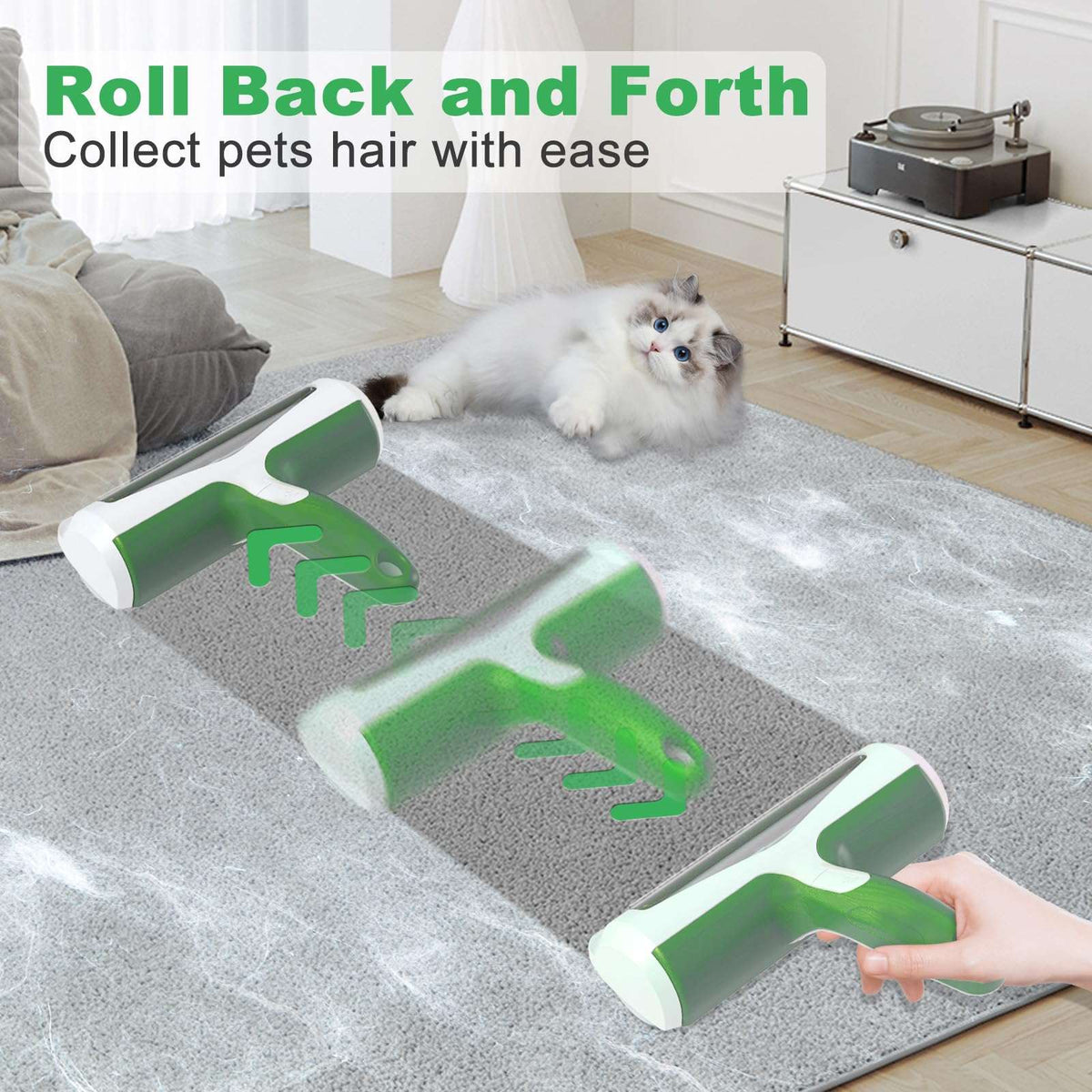 Pet hair removal tool on a carpet with a cat in the background