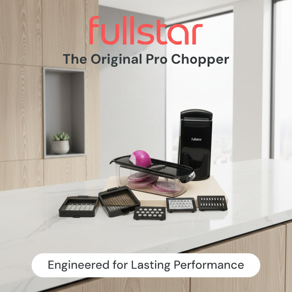 Fullstar pro chopper with interchangeable blades on a kitchen counter with vegetables.