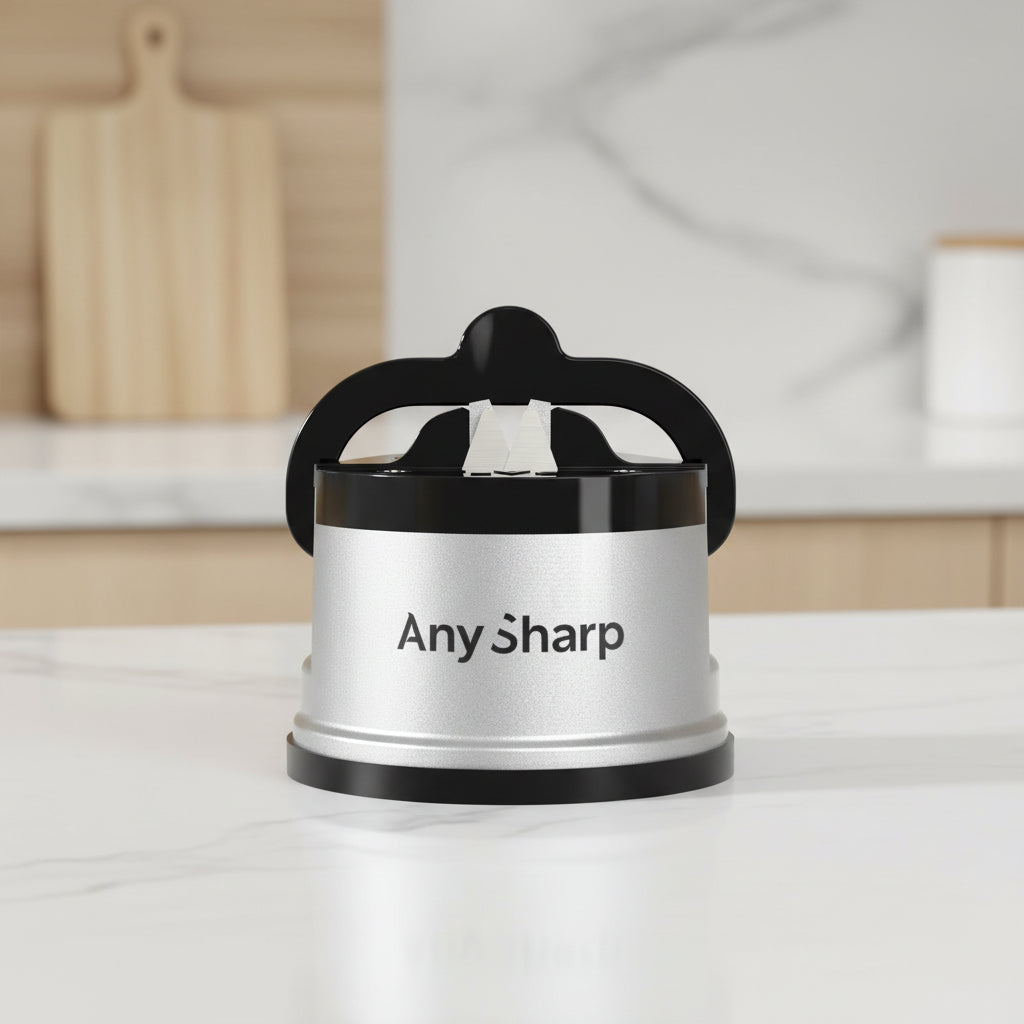 A cylindrical Any Sharp electric knife sharpener with a brushed silver body and black handle, featuring the 'Any Sharp' brand name printed on the front.