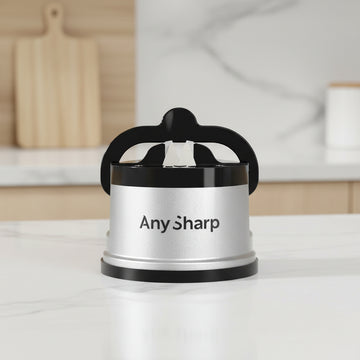 A cylindrical Any Sharp electric knife sharpener with a brushed silver body and black handle, featuring the 'Any Sharp' brand name printed on the front.