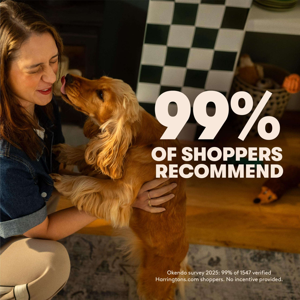 Woman holding a dog with text overlay '99% of shoppers recommend' in a home setting.