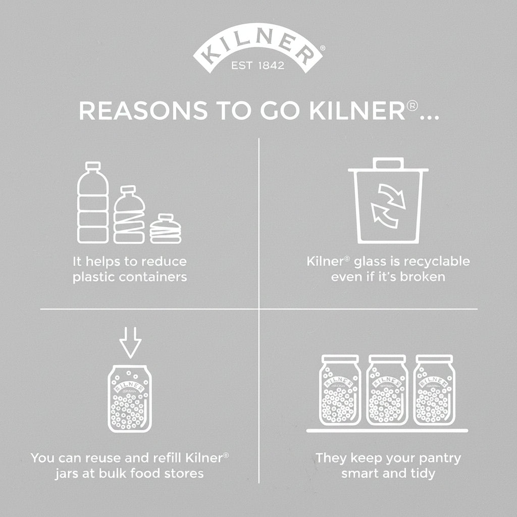 Kilner product advertisement with reasons to choose Kilner on a green background