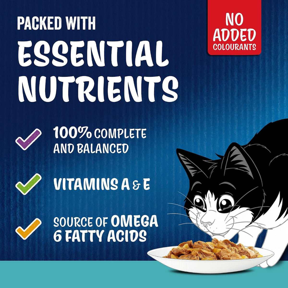 Cat food packaging with a cat illustration and text highlighting nutritional benefits on a blue background.