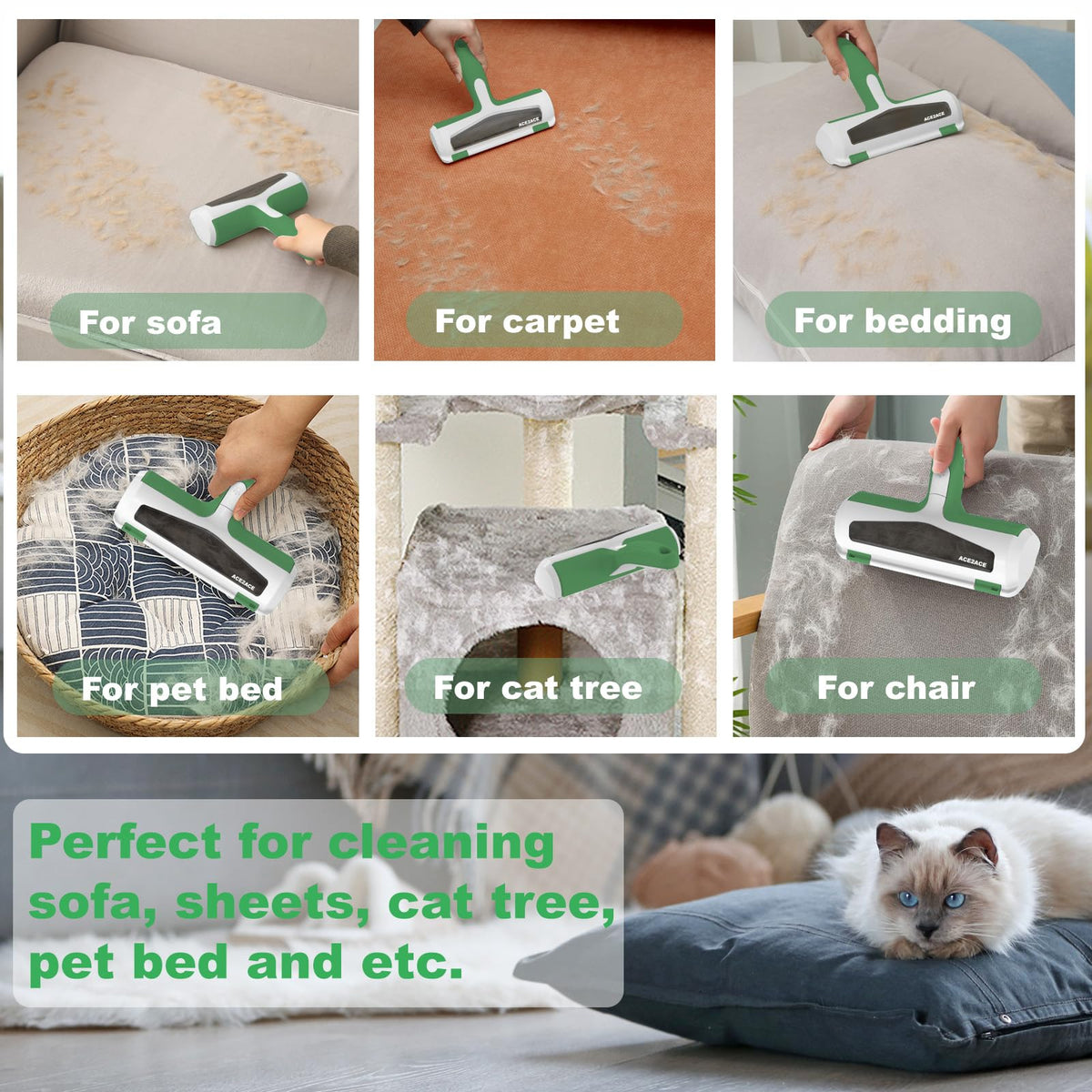 Cleaning tool being used on various surfaces with text indicating its uses.