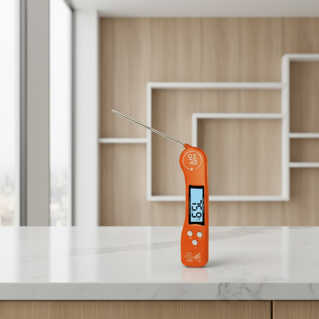 Digital thermometer measuring the temperature of a steak with features listed on the left.