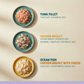 Four plates with different types of food and their ingredients listed on a white background.