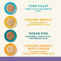 Four plates with different types of food and their ingredients listed on a white background.