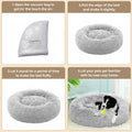 Four-panel product guide showing a fluffy circular pet bed: packaged in a clear vacuum bag, being pulled out by a person, standing empty, and a black-and-white dog sitting inside it.