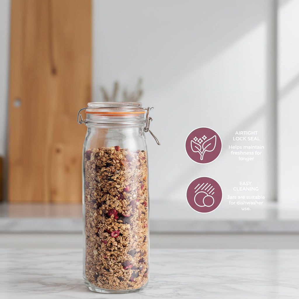 A clear glass clamp-lid jar filled with granola, shown on a kitchen counter with marketing callouts on the right describing features like an airtight lock seal, strong glass build, easy cleaning, and BPA-free safety.