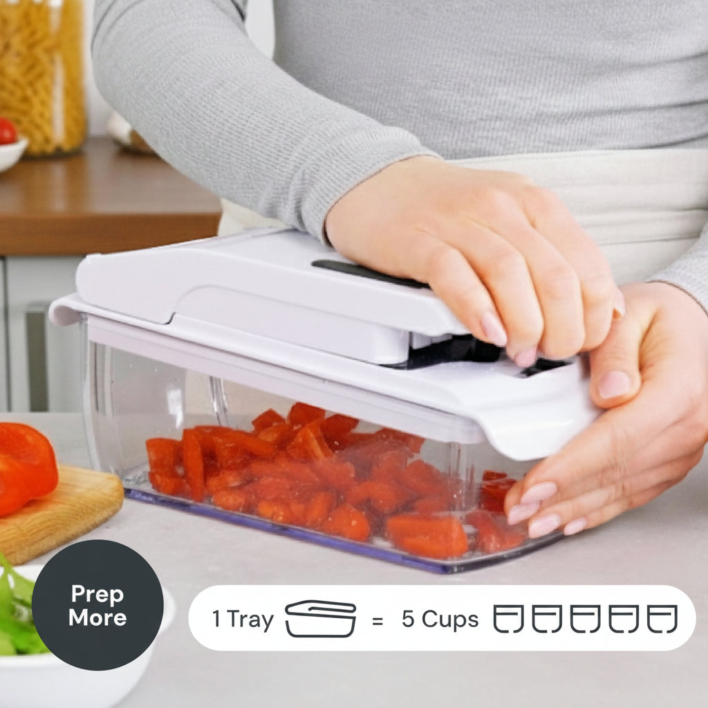 Person using a 1.2L family size tray with chopped tomatoes on a kitchen counter.