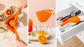 Collage of an orange kitchen tool in various stages of use with text labels.