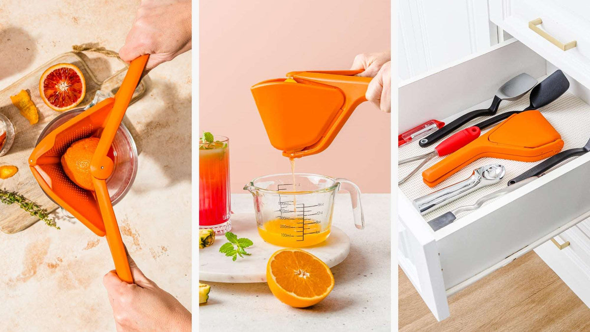 Collage of an orange kitchen tool in various stages of use with text labels.