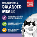 Advertisement for cat food with text about complete and balanced meals, recipes, and quality ingredients on a blue background.