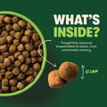 Dog food kibble in a green bowl with text on a green background