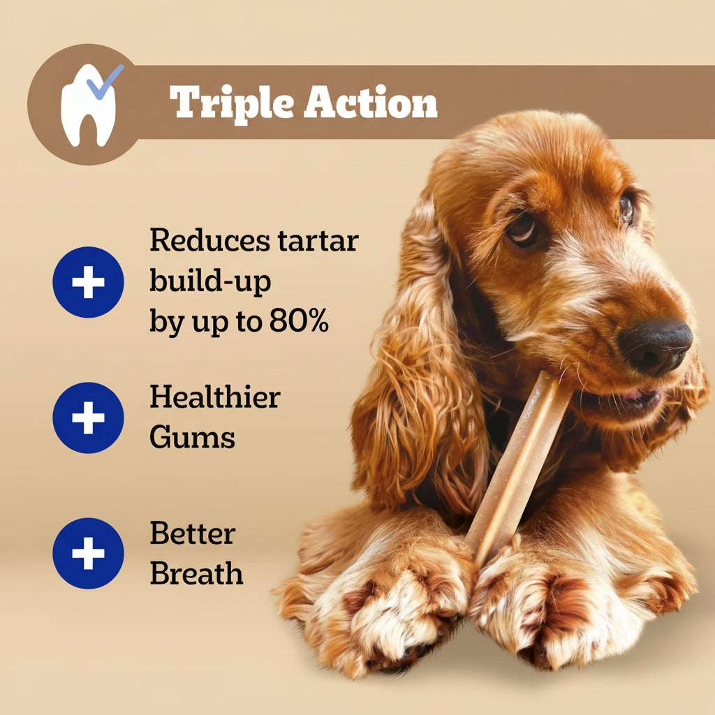 Promotional graphic for a dog dental product with a brown Cocker Spaniel holding a bone chew on a yellow-to-orange gradient background. Blue and white text reads 'Triple Action' and lists benefits: reduces tartar build-up by up to 80%, healthier gums, and better breath.