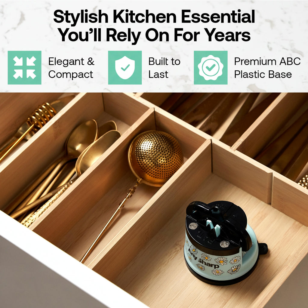 A kitchen drawer organizer with wooden compartments holding gold-toned utensils and a teapot, with a product hero shot of a black and light blue suction cup base at the bottom right. Text at the top reads 'Stylish Kitchen Essential You'll Rely On For Years' with feature callouts.