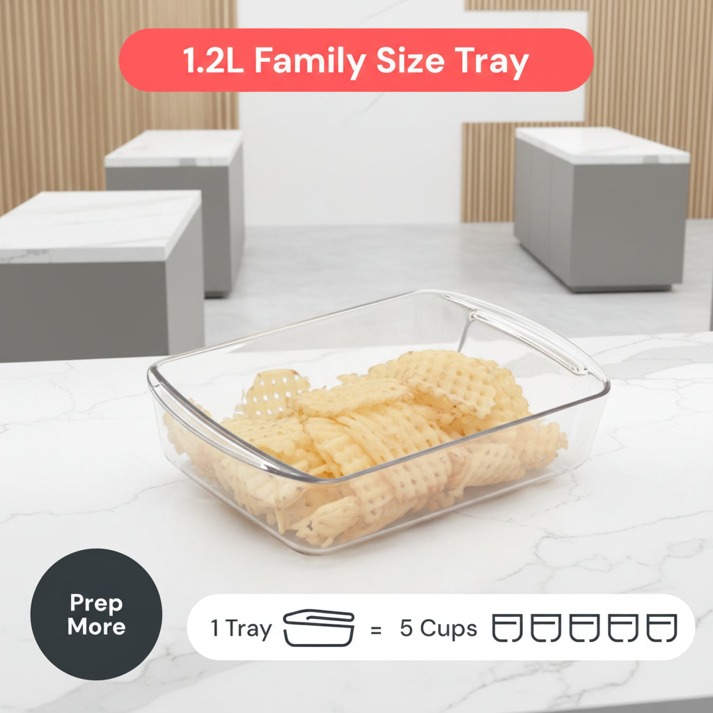 Person holding a glass food storage container with pasta, labeled '1.2L Family Size Tray'.
