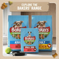 Three bags of Purina Bakers Superfoods dog food arranged together on a tabletop: an Adult with Beef bag, a Small Dog Beef bag, and an Adult with Chicken bag. A green banner at the top reads 'EXPLORE THE BAKERS RANGE.