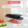 Person using a food chopper with tomatoes and text about durability and safety.