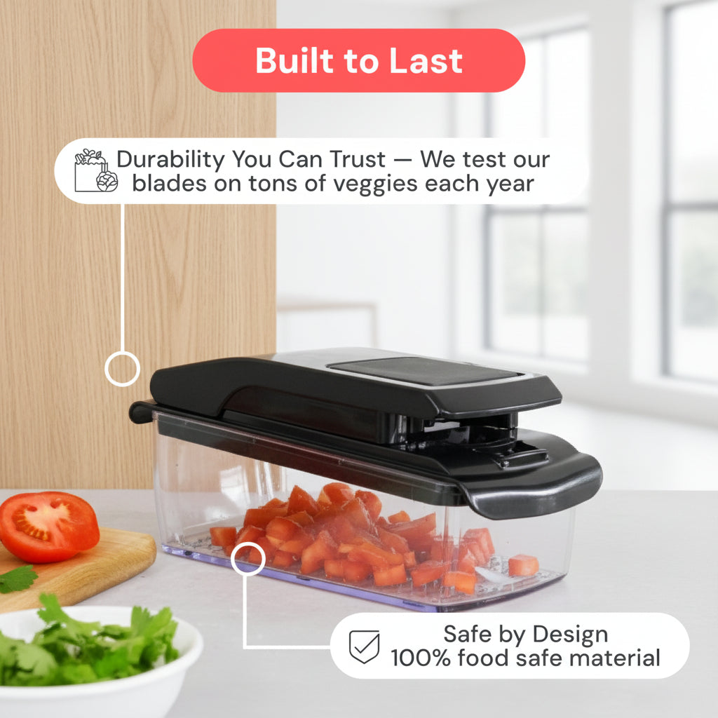 Person using a food chopper with tomatoes and text about durability and safety.