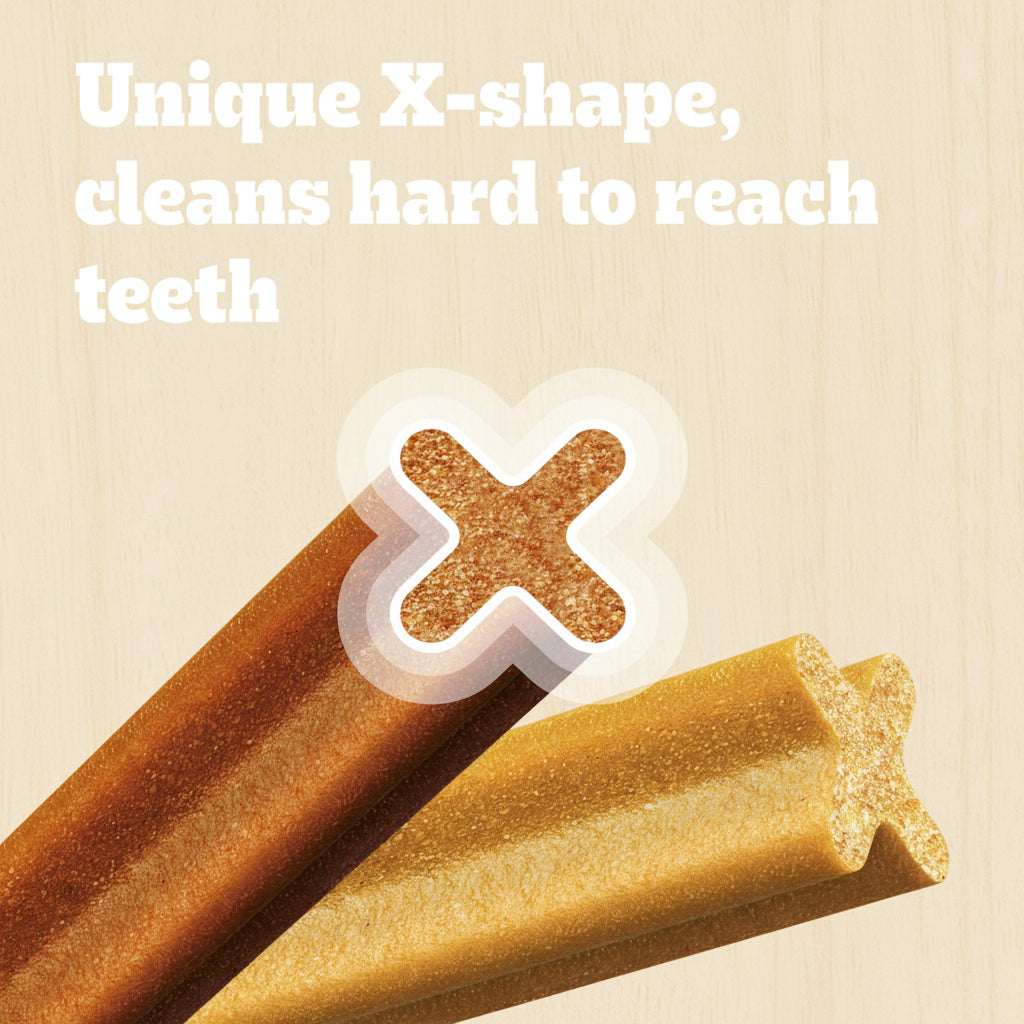 Two textured dog chew sticks shown on a bright yellow-orange background with white text reading 'Unique X-shape, cleans hard to reach teeth.' One stick is brown and one is golden tan, with a translucent X-shaped overlay highlighting the shape.