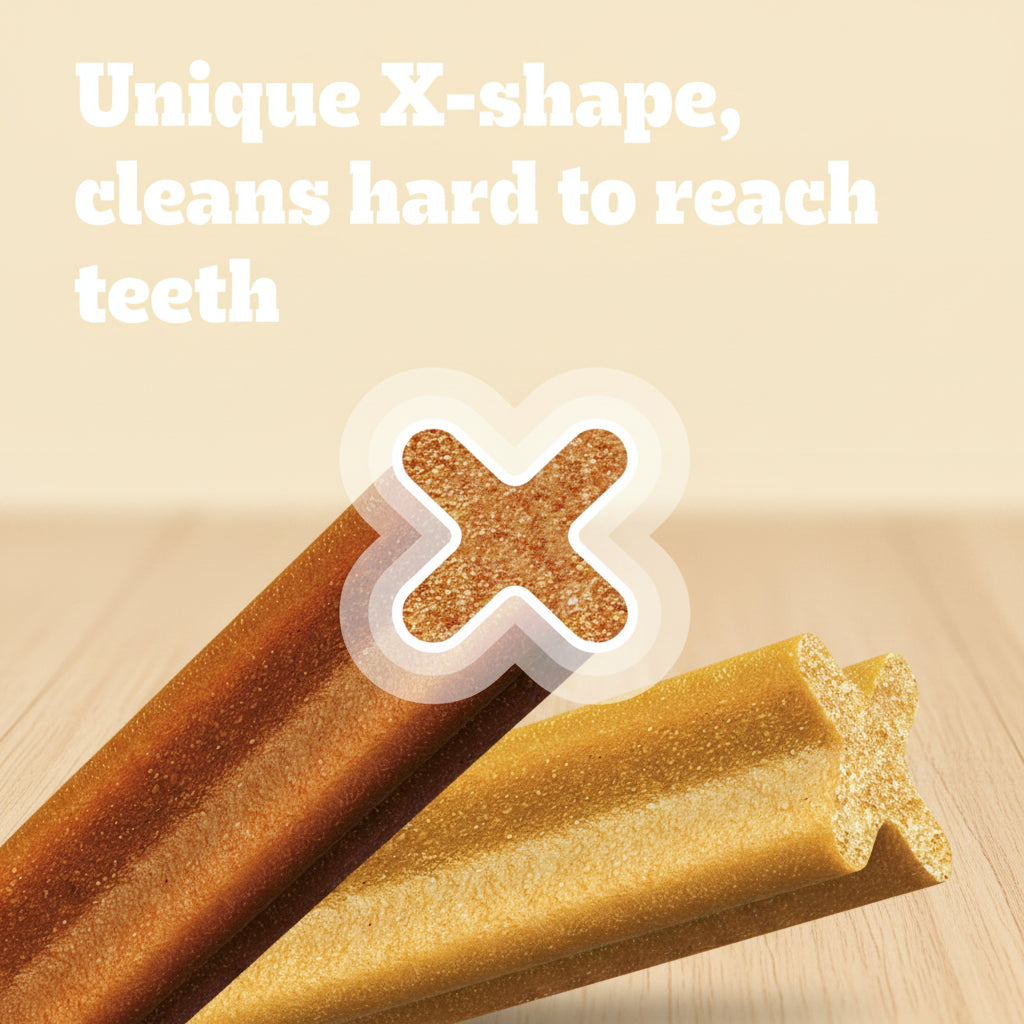 Two textured dog chew sticks shown on a bright yellow-orange background with white text reading 'Unique X-shape, cleans hard to reach teeth.'.