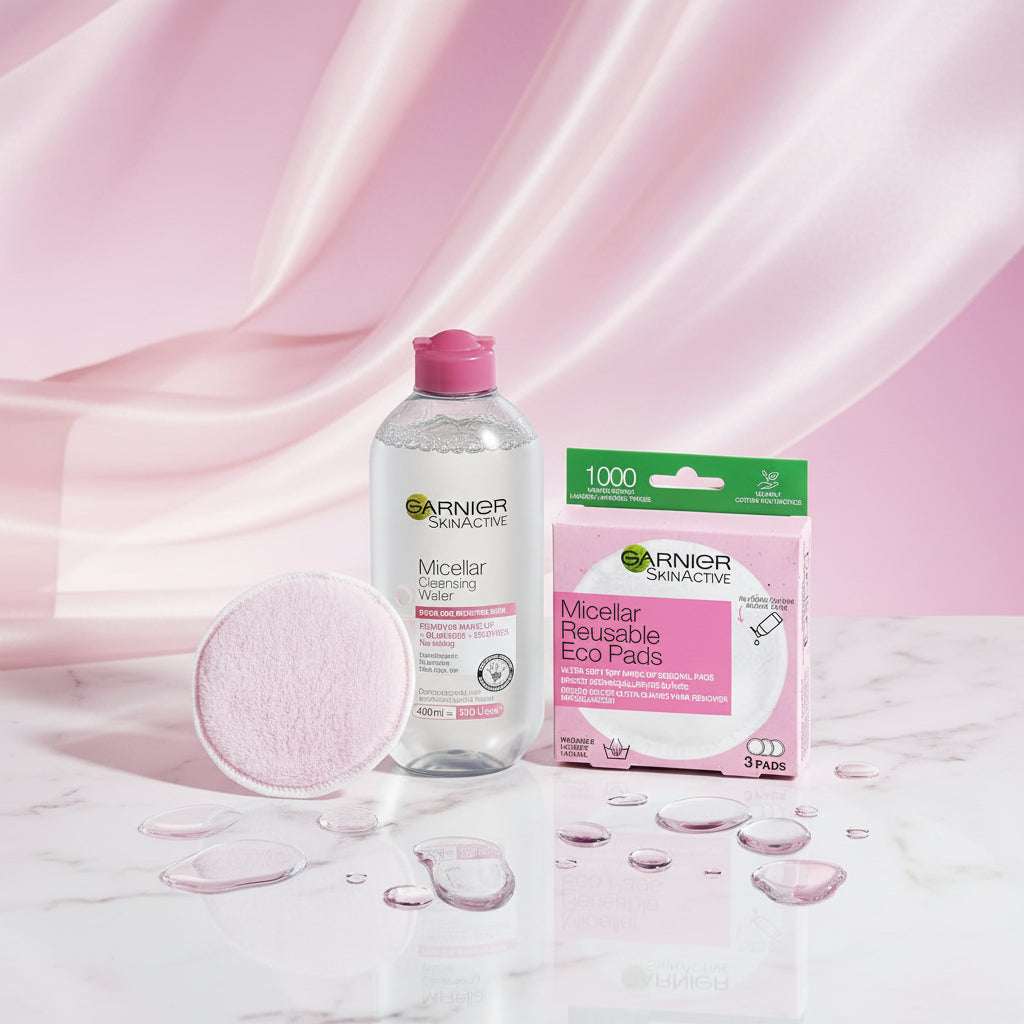 Garnier Skinactive Micellar Cleansing Water bottle with a pink cap next to its box of 1000 reusable eco pads, with a pink cotton pad and scattered clear water droplets on a pink gradient background.