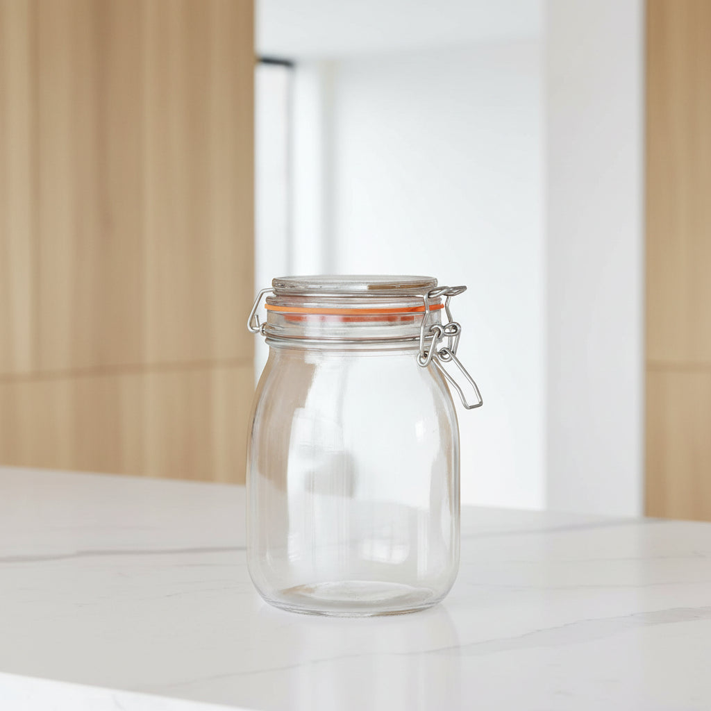 Clear glass clamp-lid jar with a silver metal latch, an orange rubber seal, and a clear lid, shown on a white background with blue and white decorative elements inside.