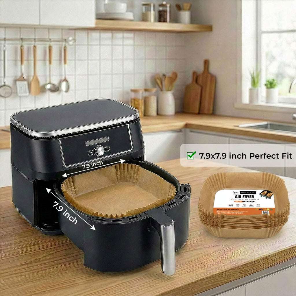 Black air fryer on a kitchen counter with a bowl of bread and measurement details.