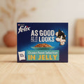 Felix cat food packaging with a cat illustration and text about ocean feast selection in jelly.
