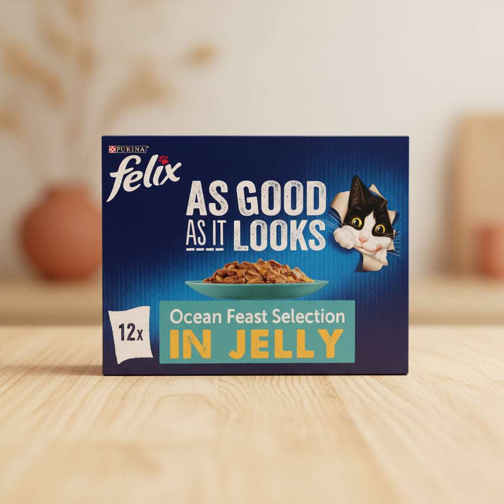 Felix cat food packaging with a cat illustration and text about ocean feast selection in jelly.