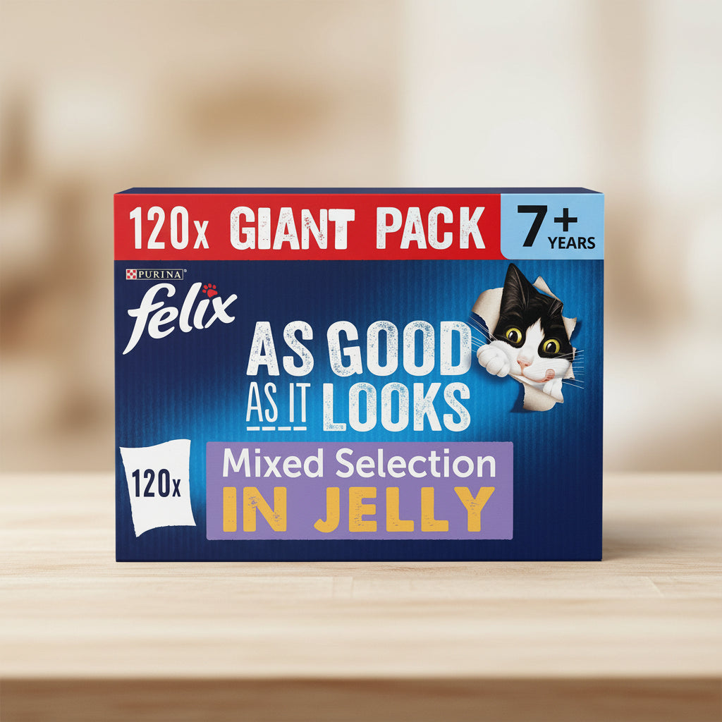 Purina Felix cat food packaging for a 120x giant pack of Mixed Selection in Jelly, featuring a blue box with a red top banner, white text, and a cartoon black-and-white cat peeking out.
