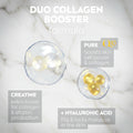 Collagen booster formula with Q10, creatine, and hyaluronic acid on a dark background.