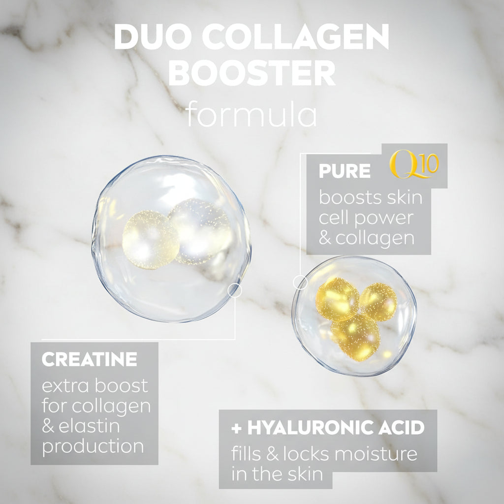 Collagen booster formula with Q10, creatine, and hyaluronic acid on a dark background.