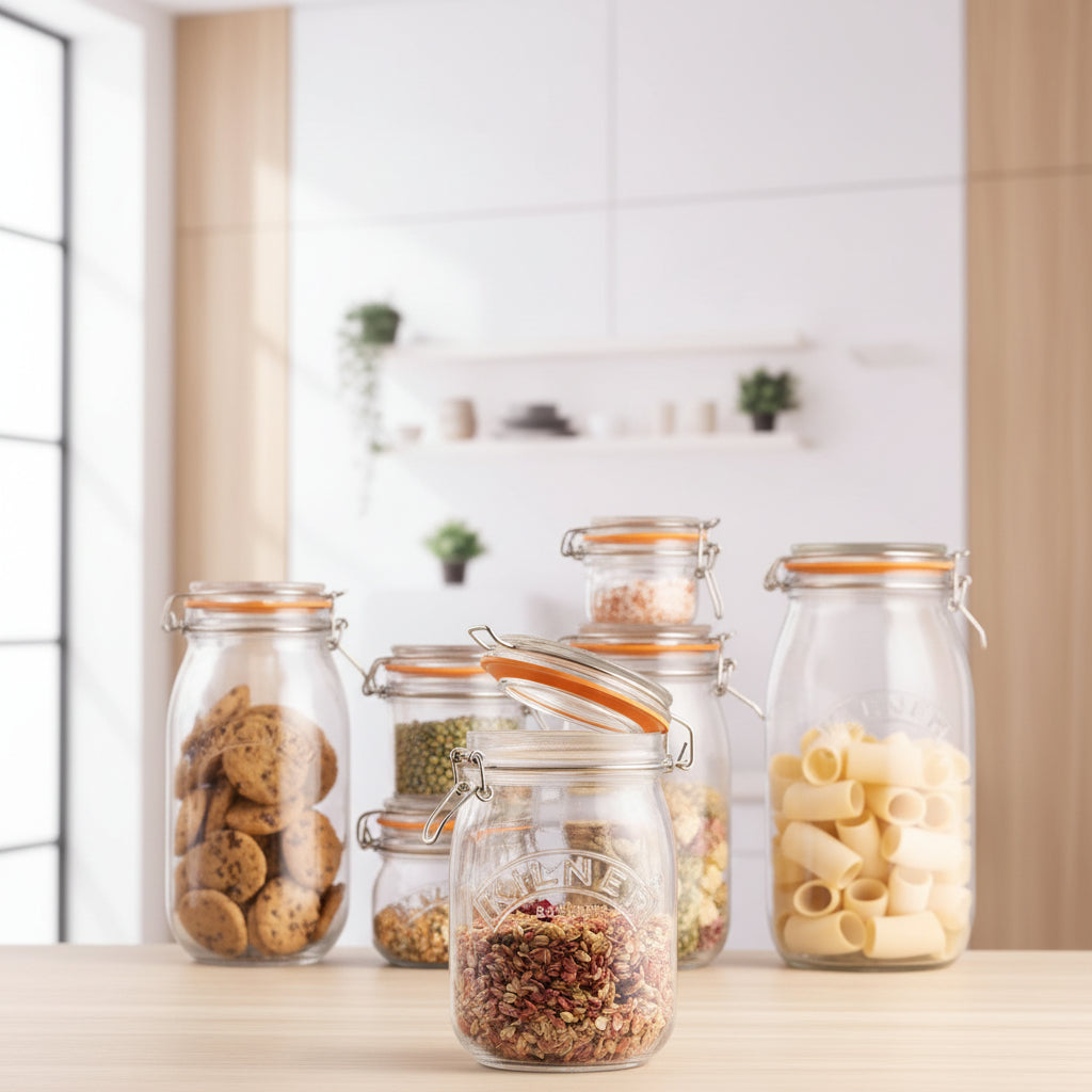 Set of glass jars with metal clamps on a wooden surface, containing various food items.