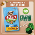 Bag of Bakers dog food with spinach and spirulina on a wooden board