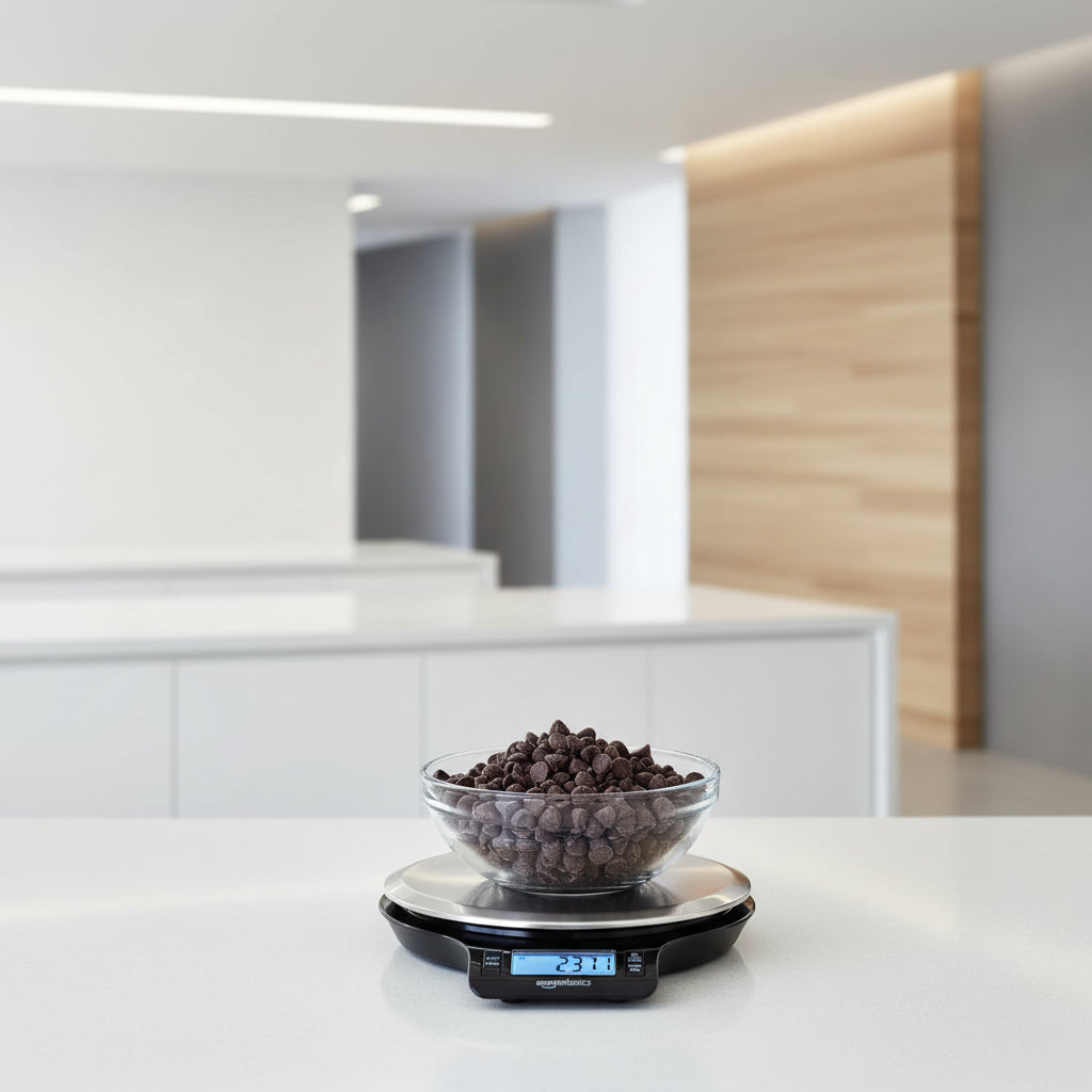 Glass bowl of chocolate chips on a digital kitchen scale with ingredients in the background